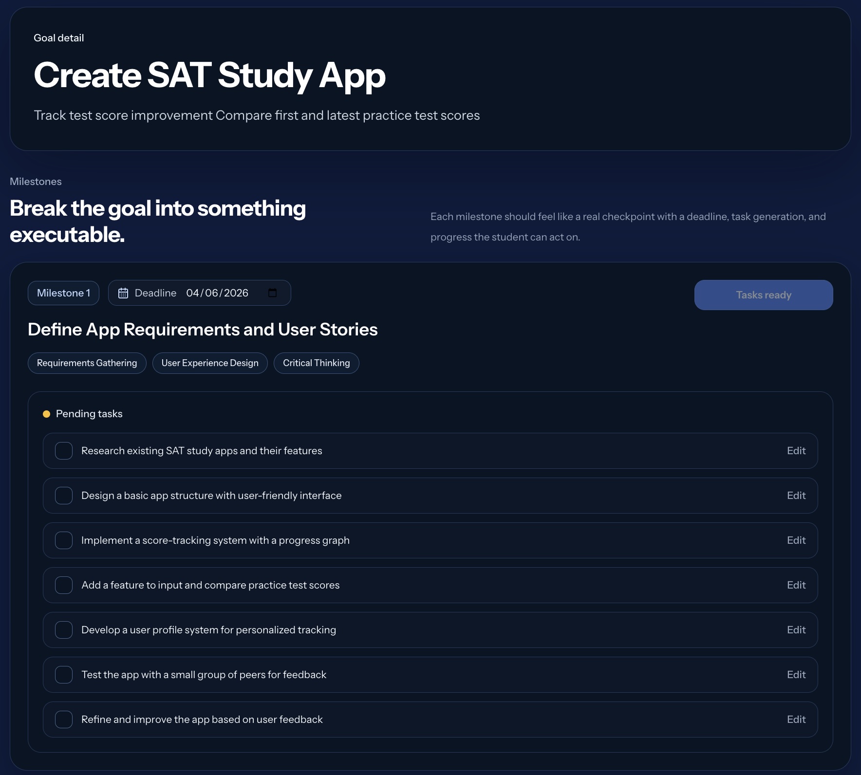 Arc goal detail view showing a student goal, milestone breakdown, and generated weekly tasks.