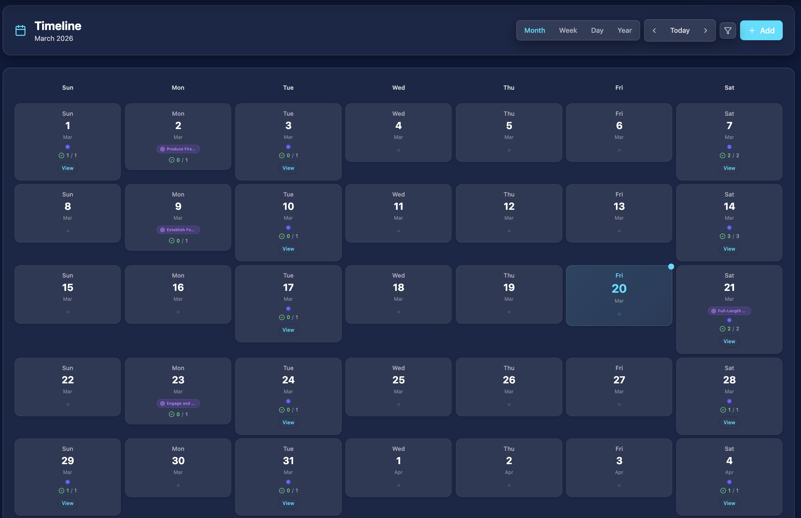 Arc timeline month view showing scheduled tasks and progress across a student calendar.